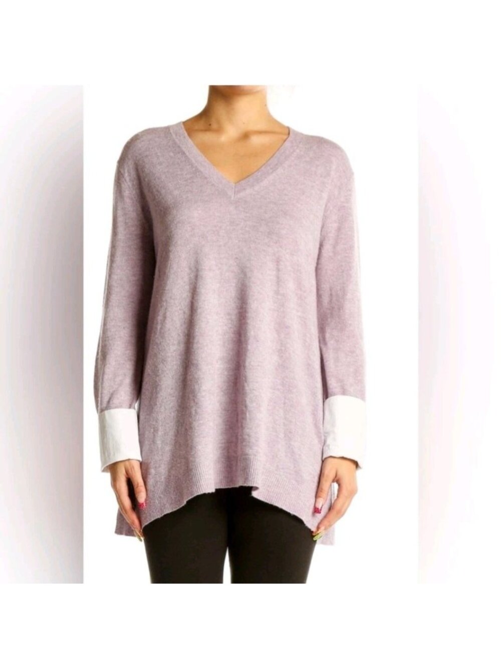 J. Crew Heathered Lavender V Neck Tunic Sweater Contrasting White Shirt Cuffs Lg